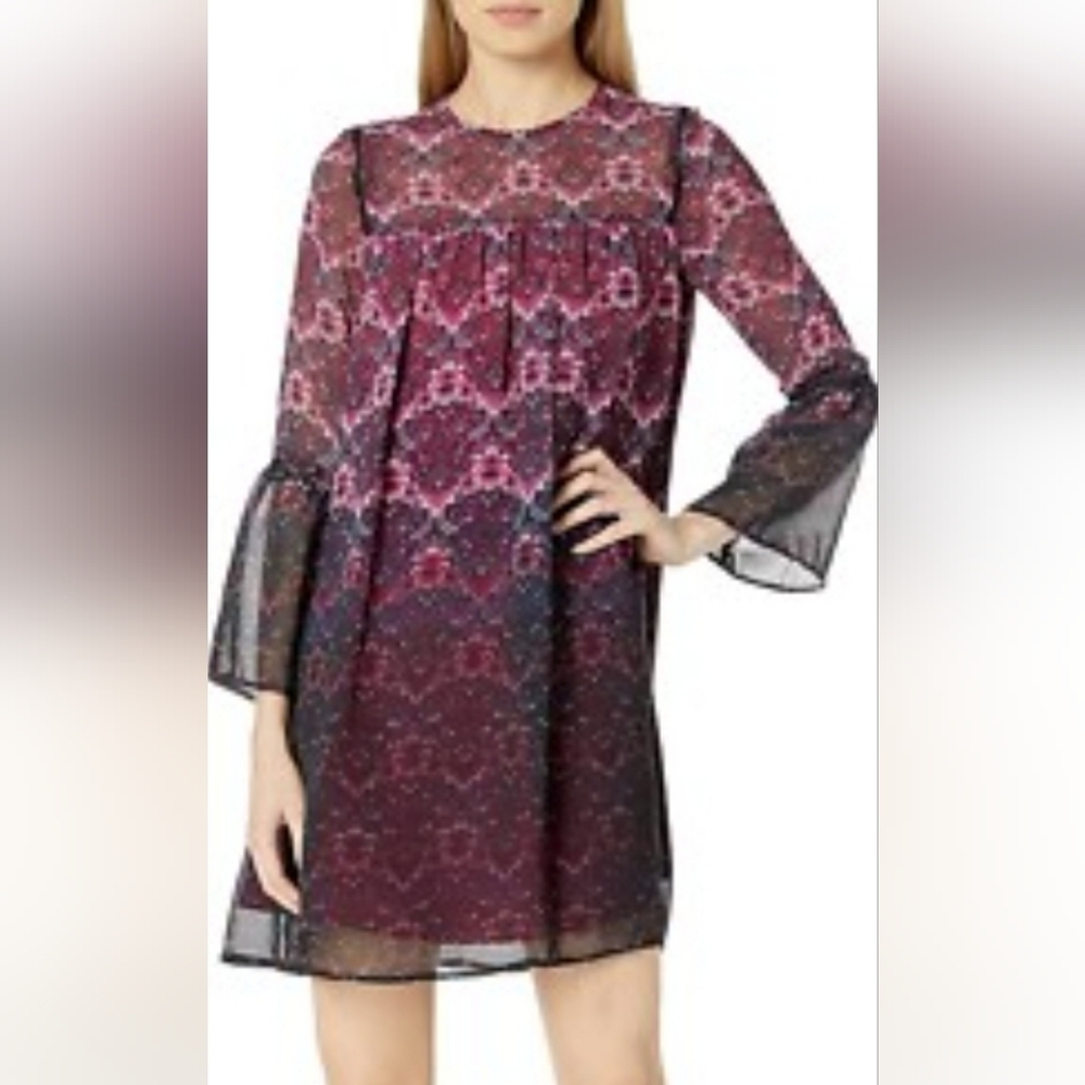 Nanette Lepore Floral Whimsigoth Sheer Dress ‎ w/ Flared Sleeves, Size 4, EUC